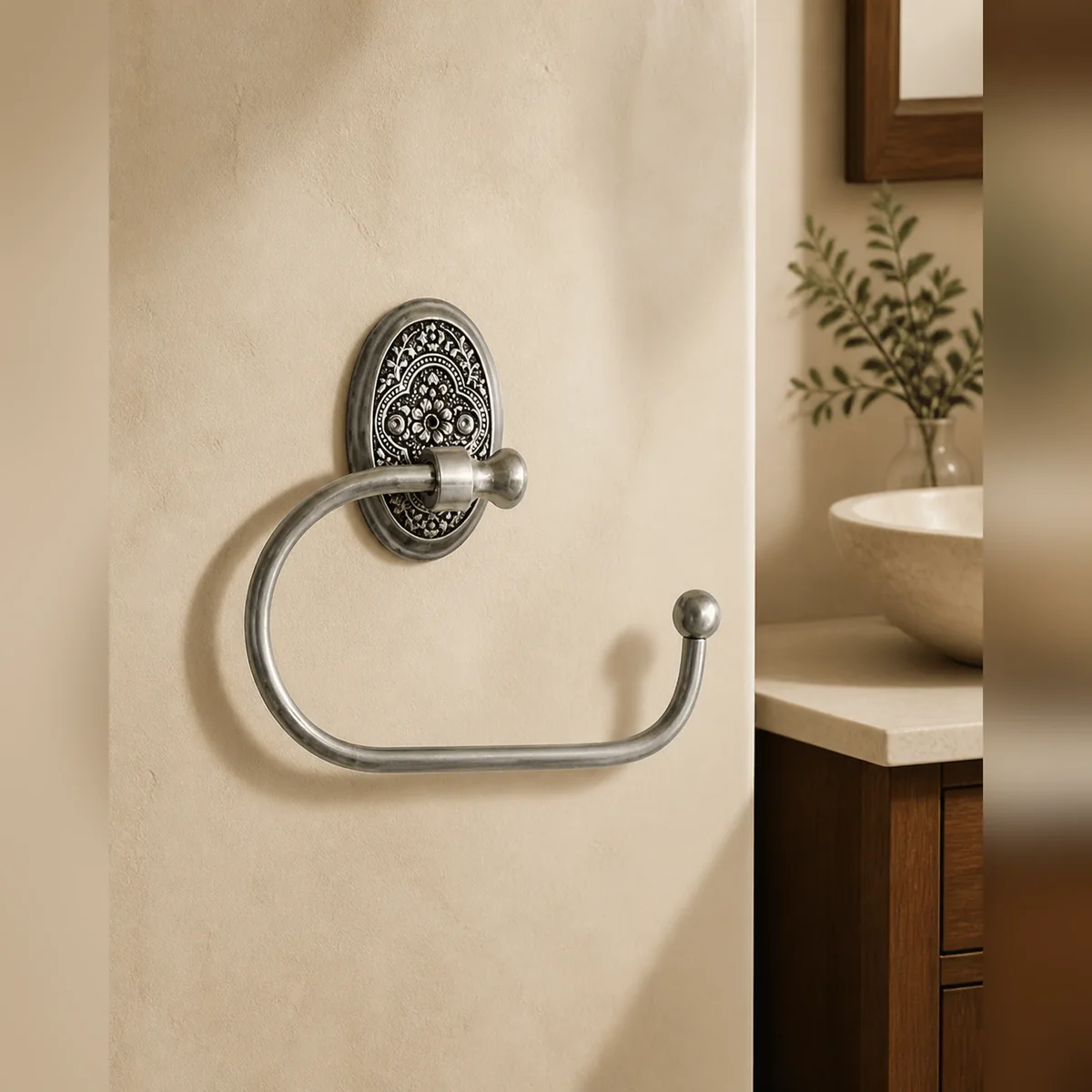 Mandala Open Towel Holder staged in a curated room setting one.