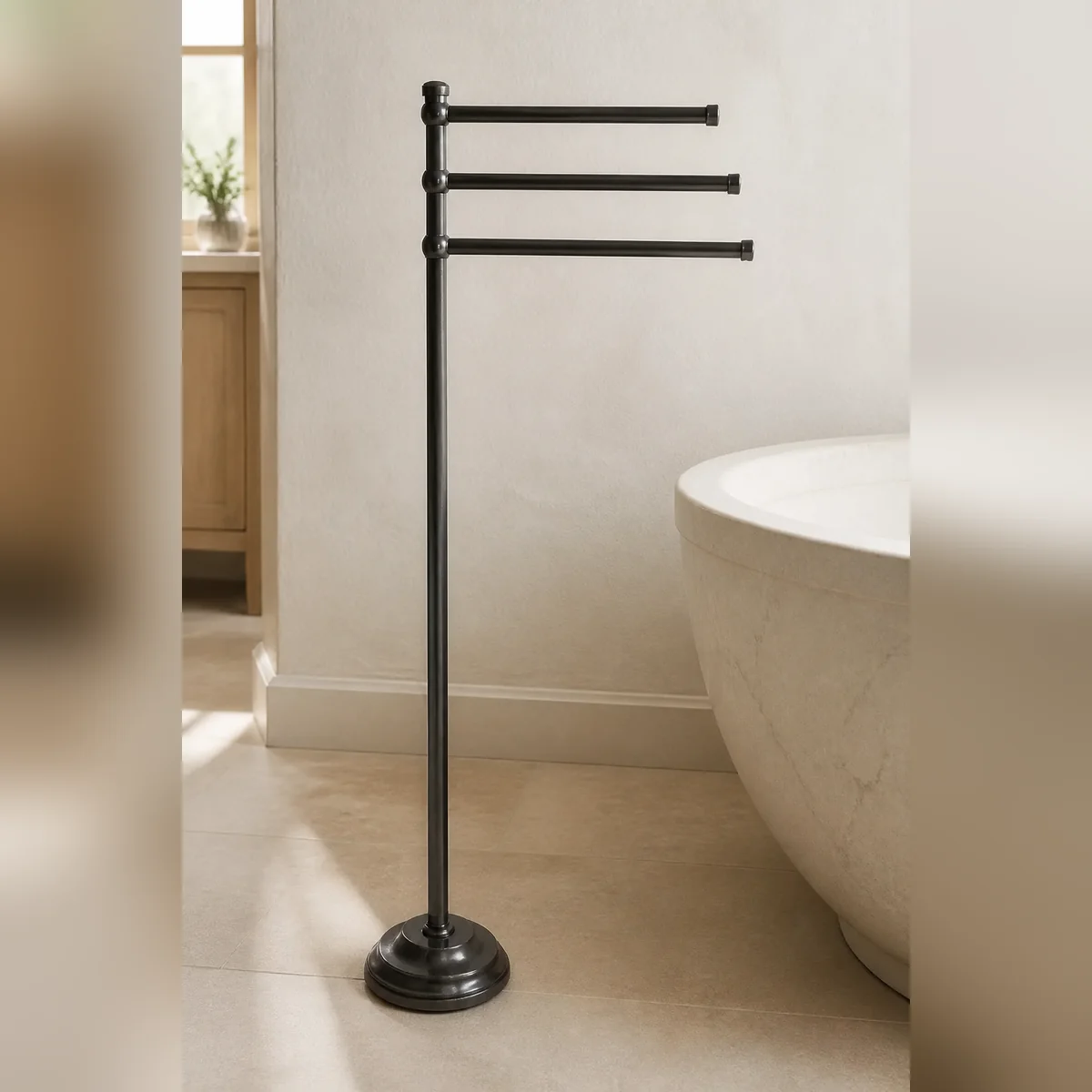 Three-Arm Freestanding Towel Stand staged in a curated room setting one.