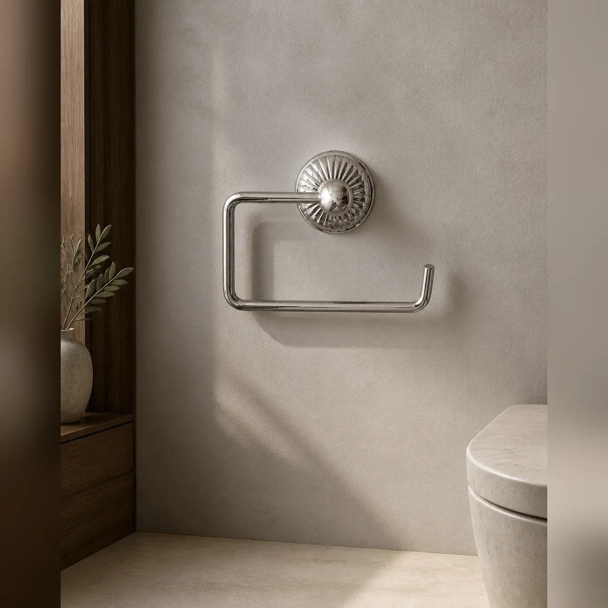 Sunburst Toilet Roll Holder staged in a curated room setting one.