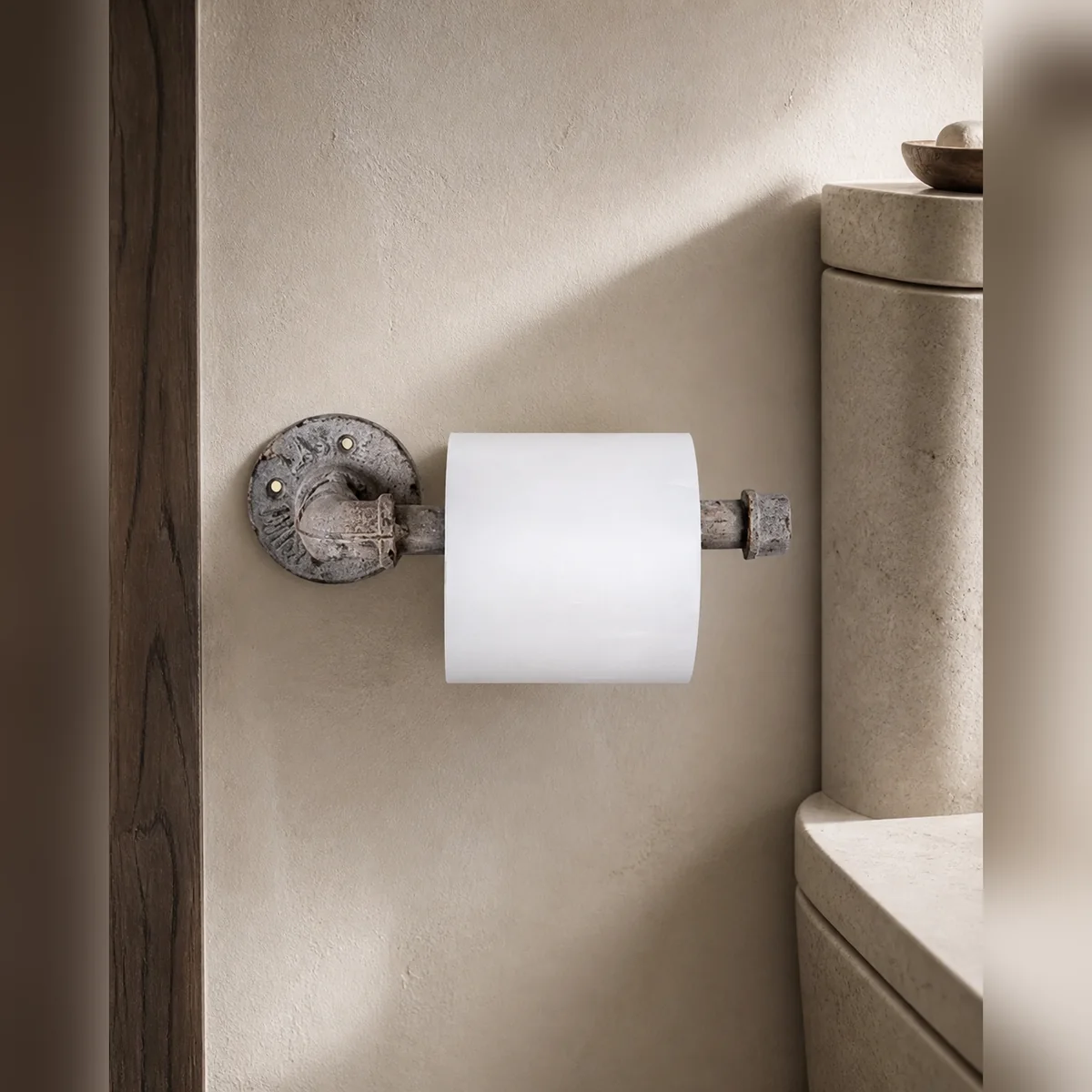 Embossed Rosette Toilet Roll Holder staged in a curated room setting one.