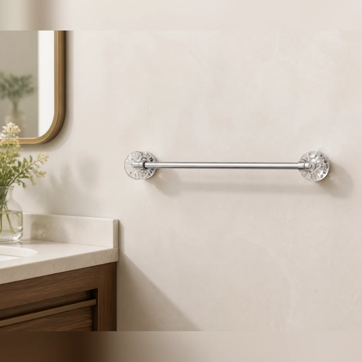 Crystal-End Hand Towel Bar staged in a curated room setting one.