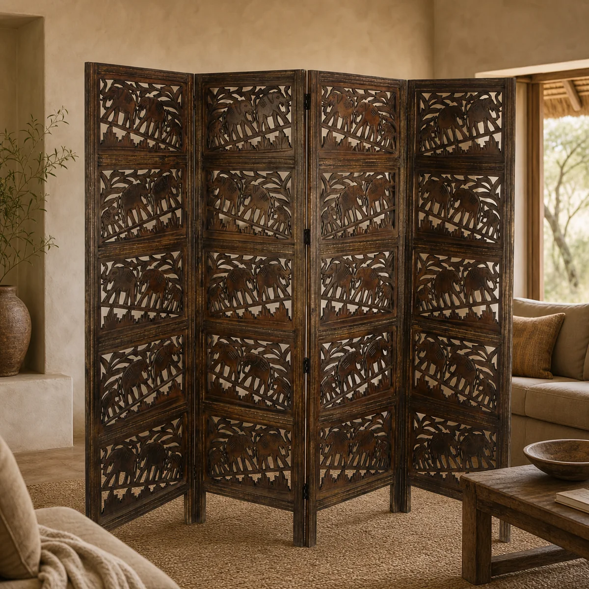 Etosha Elephant Room Screen staged in a earth-toned lodge lounge.