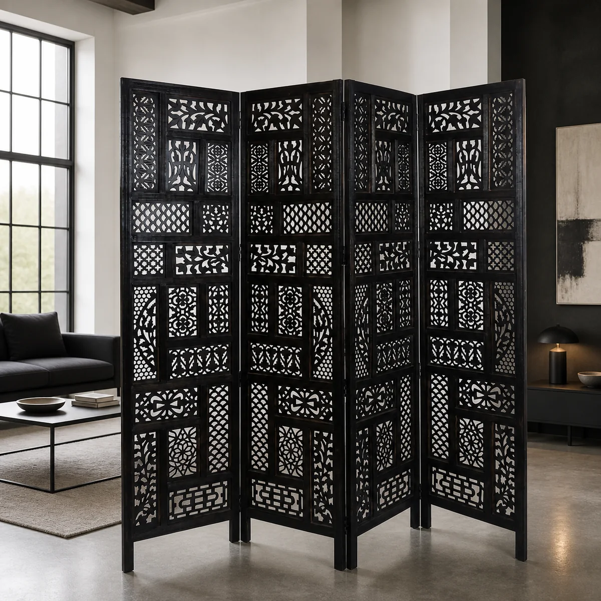 Midnight Patchwork Room Screen staged in a contemporary loft lounge.