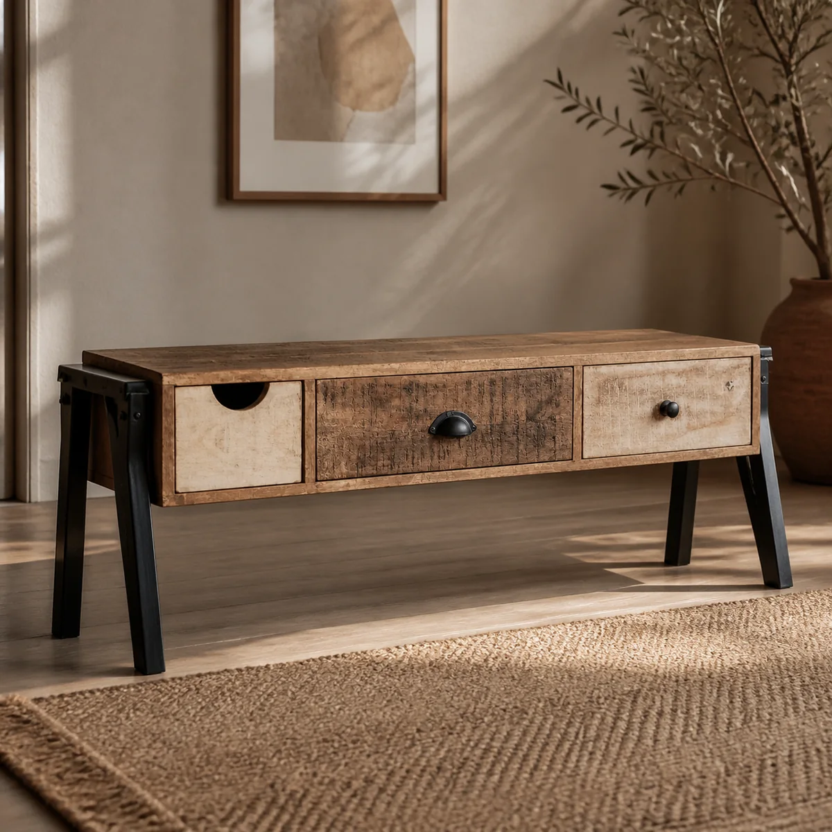 Ongava Long Media Console staged in a warm contemporary living room.