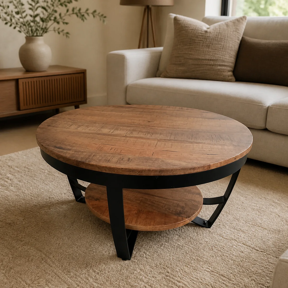 Okavango Round Coffee Table staged in a warm contemporary living room.