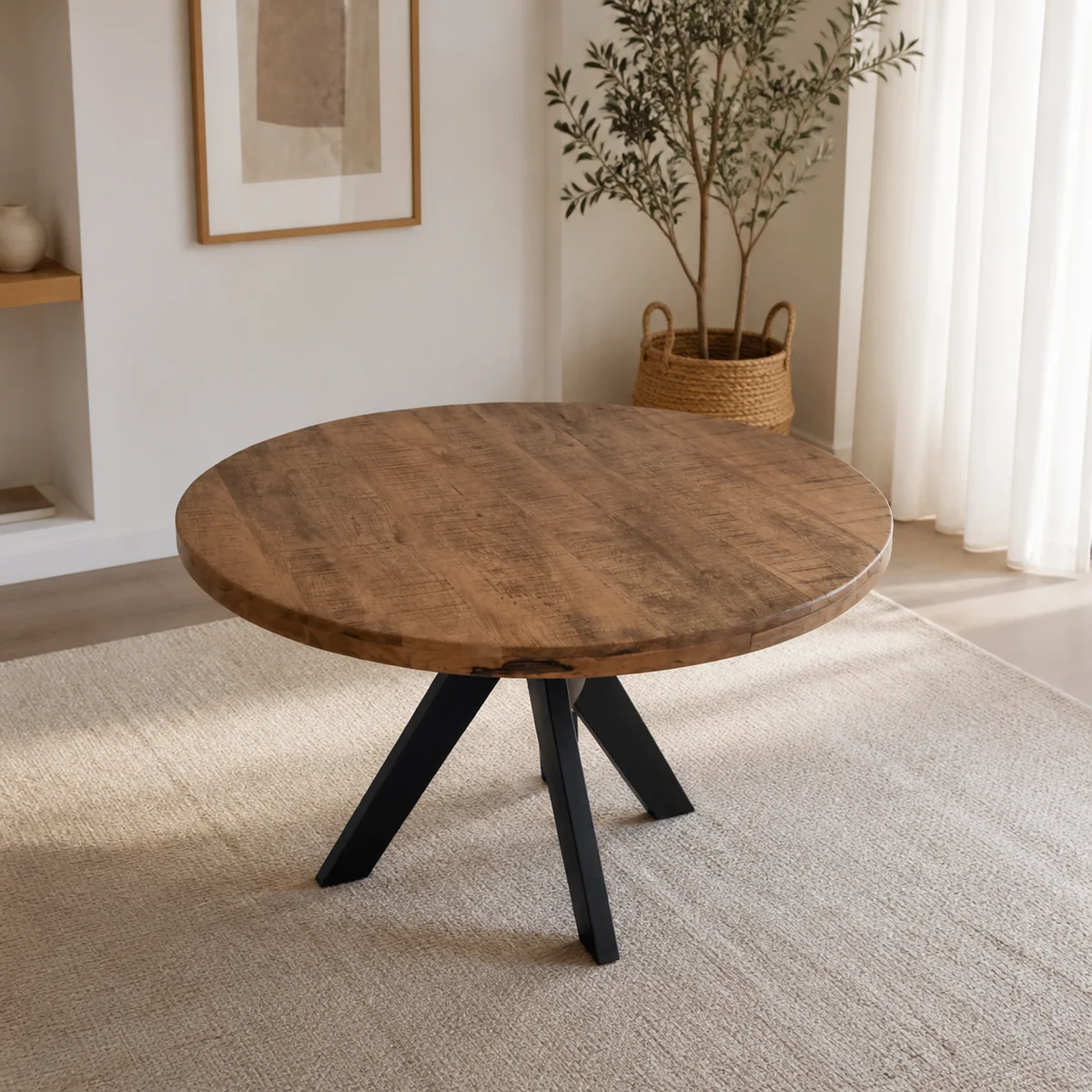 Oasis Round Dining Table staged in a airy dining room.