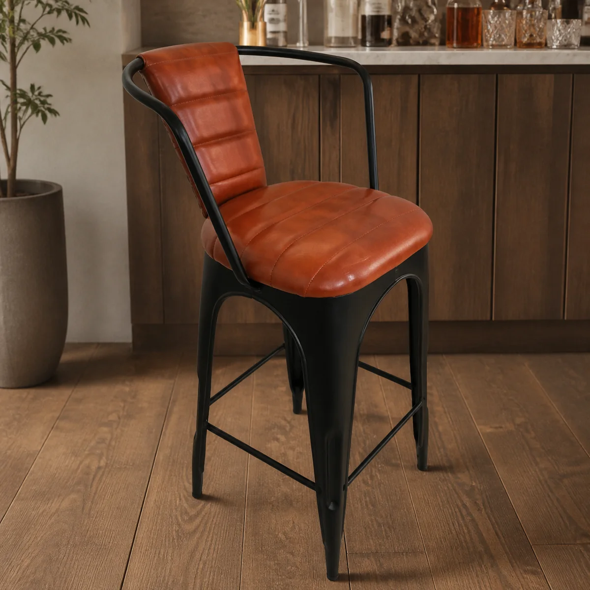 Sable Leather Bar Chair staged in a refined home bar.