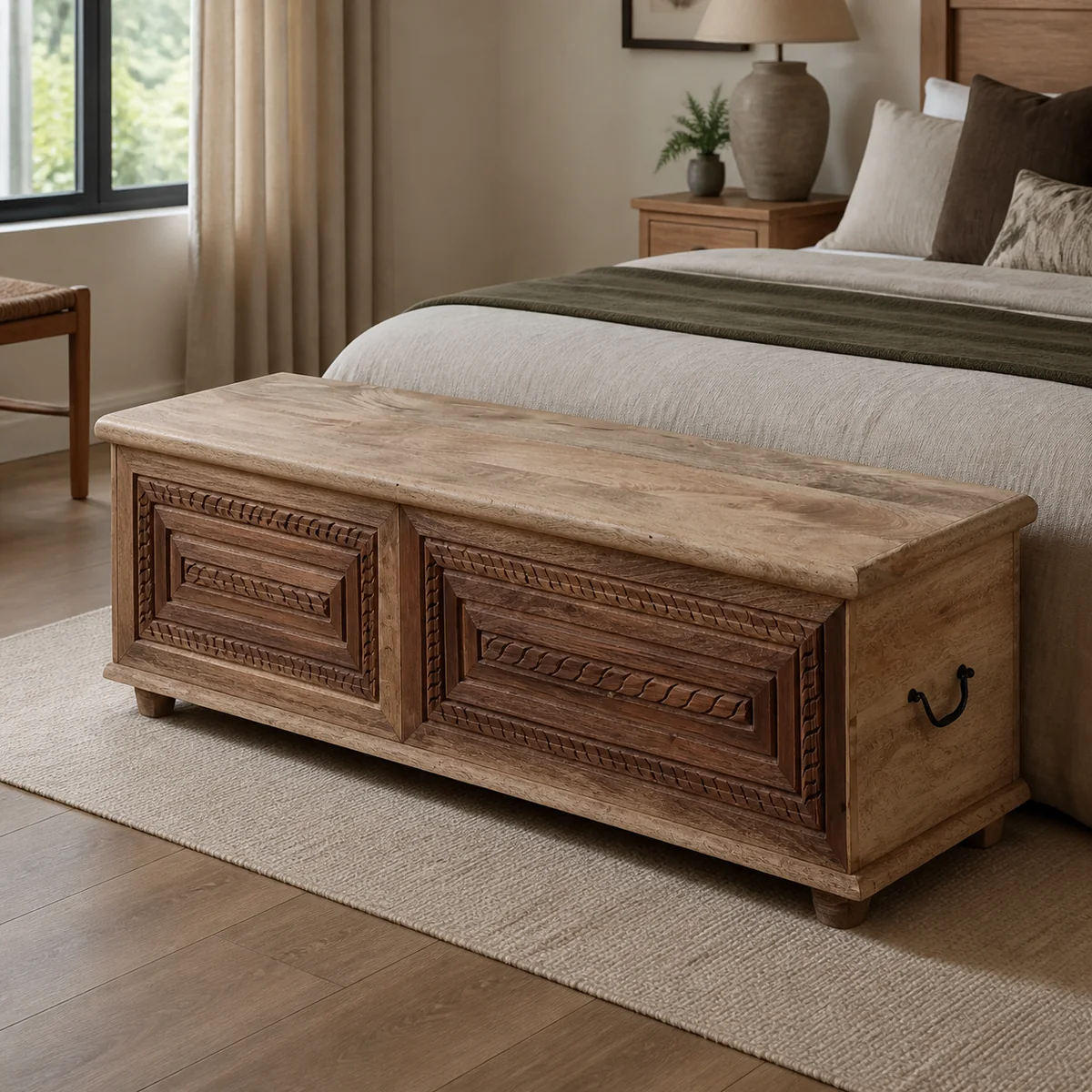 Damara Carved Blanket Chest staged in a relaxed bedroom.