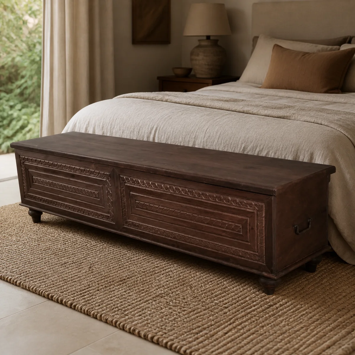 Kaokoland Dark Carved Chest staged in a tailored bedroom.