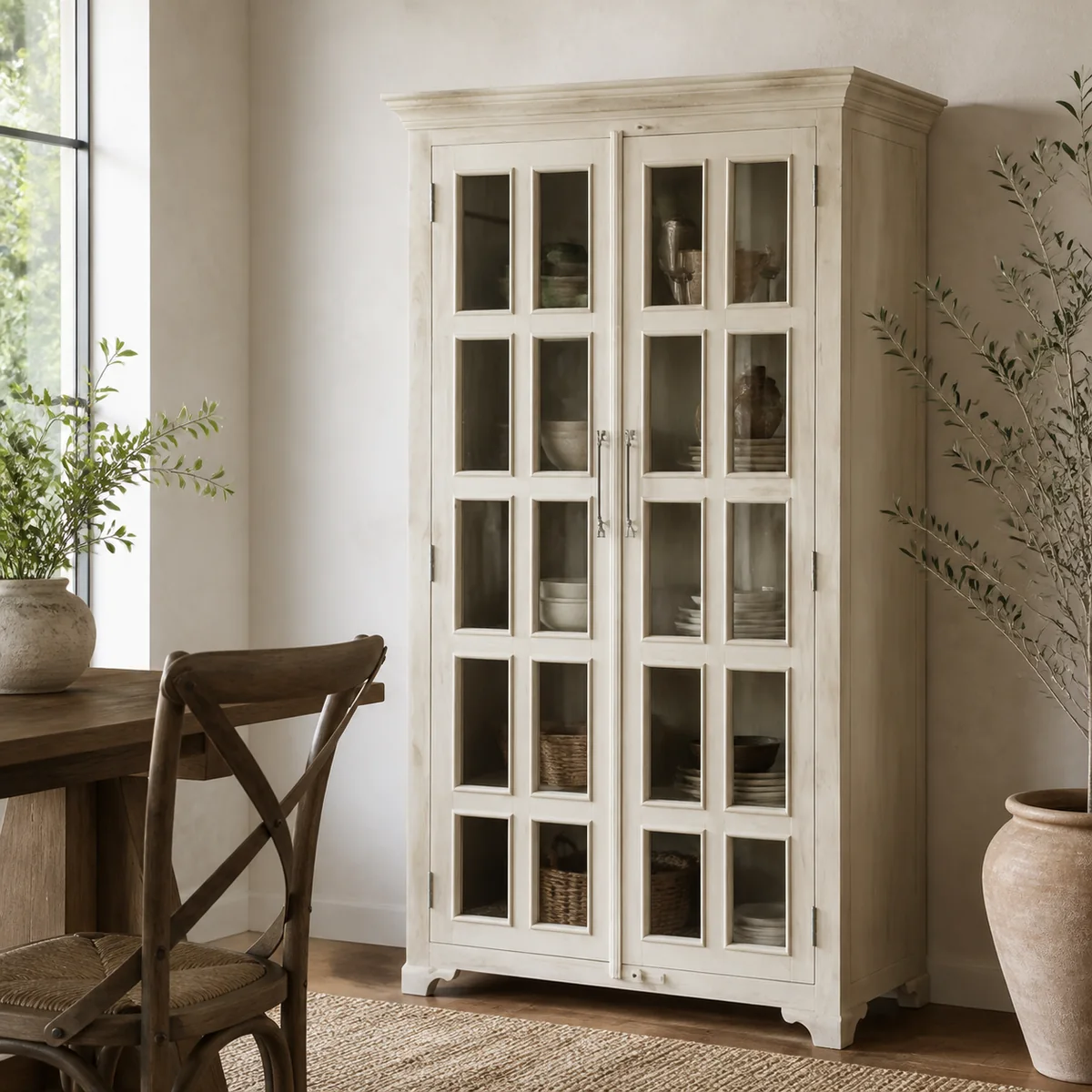 Oshikoto Glass Display Cabinet staged in a light-filled dining room.