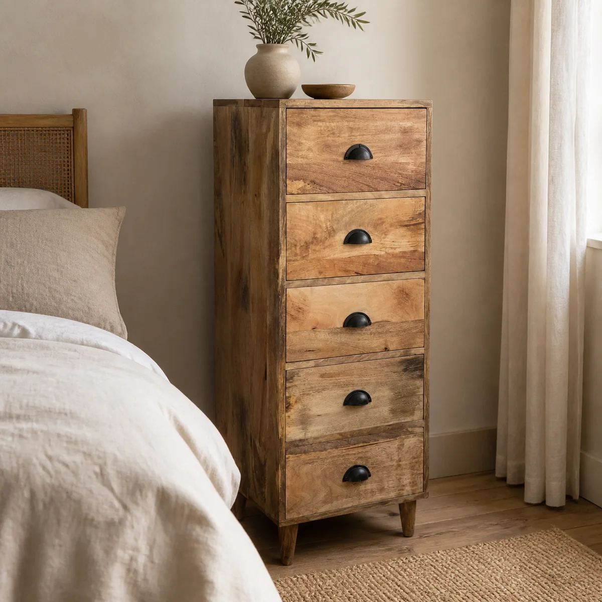 Spitzkoppe Five-Drawer Tower staged in a calm bedroom.