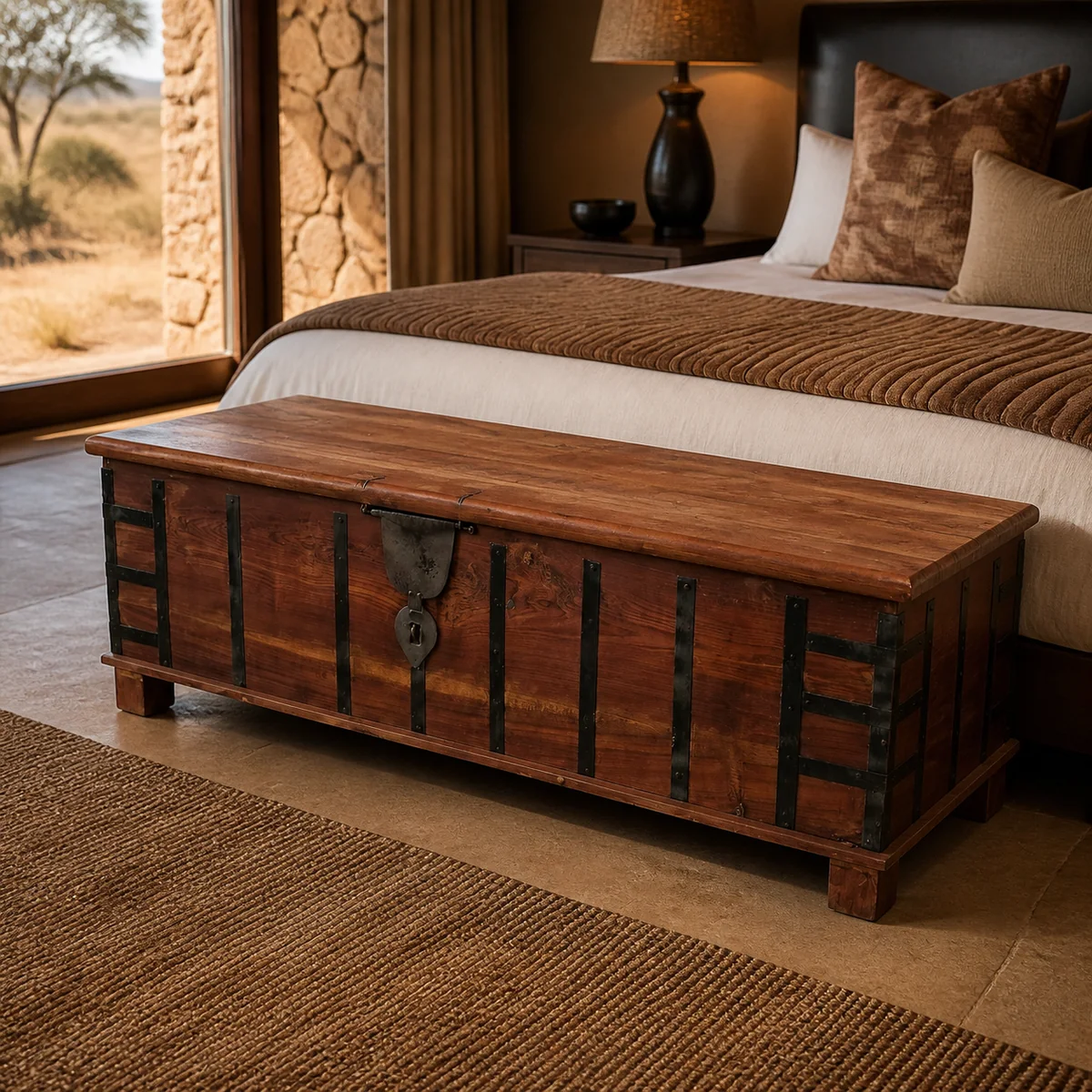 Kunene Strapped Trunk staged in a warm lodge bedroom.