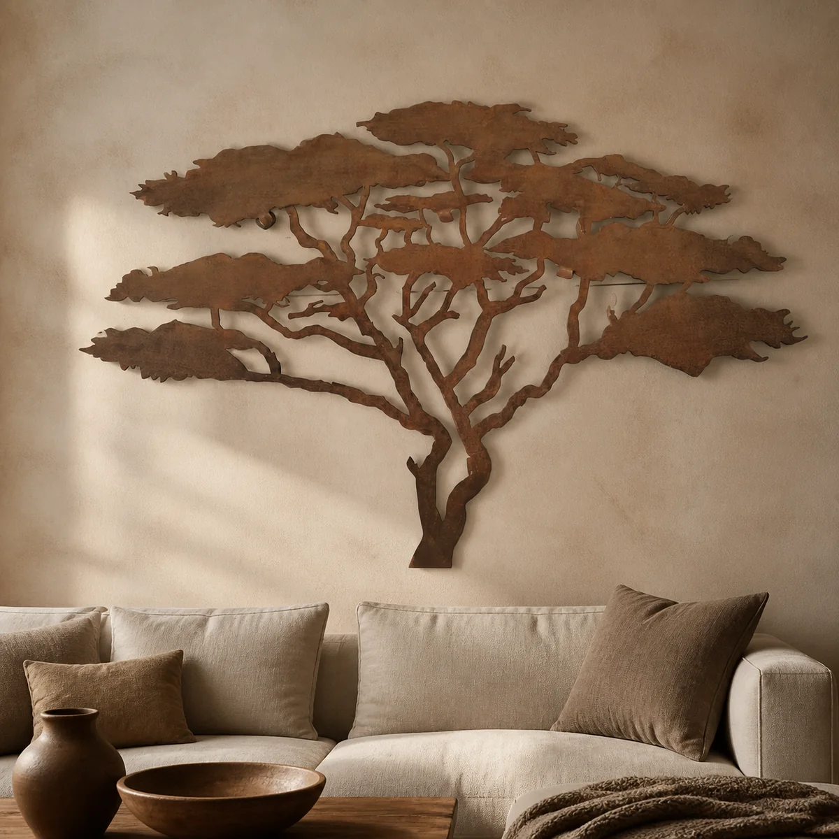 Kalahari Acacia Wall Sculpture staged in a earth-toned lodge lounge.