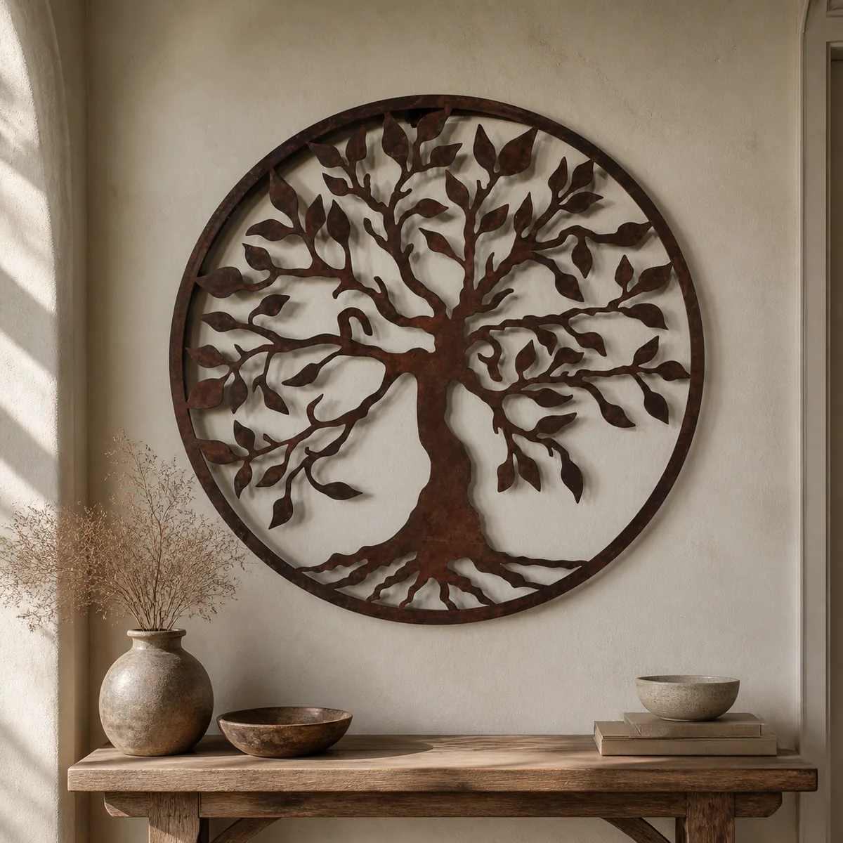Khomas Tree of Life Medallion staged in a pale lime-plaster entry hall.