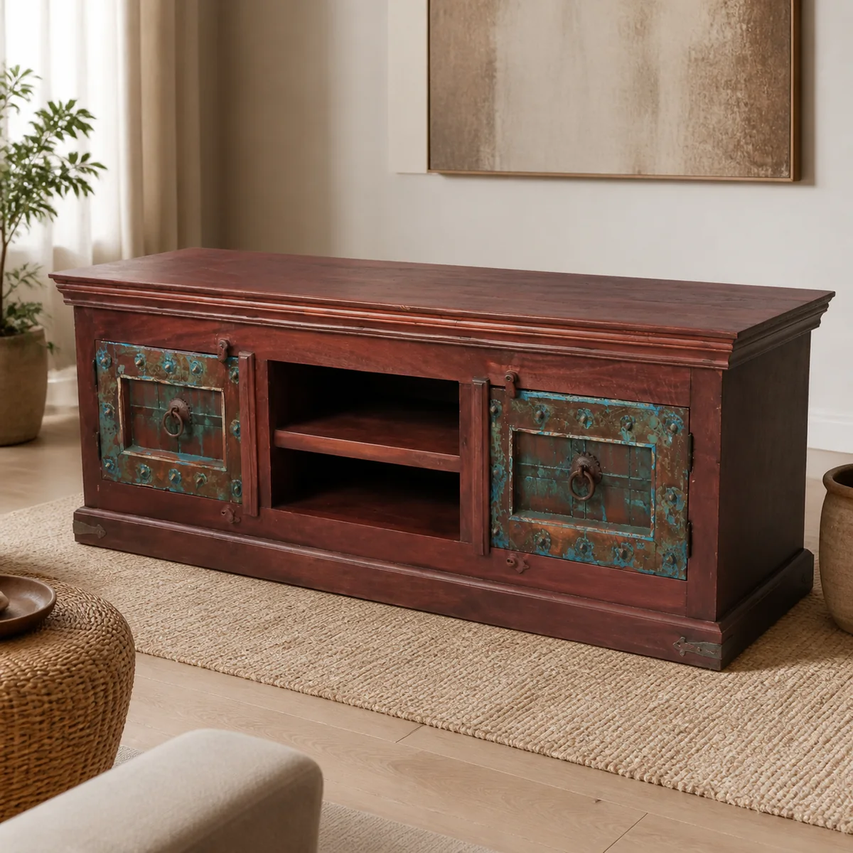 Etosha Colourblock Media Console staged in a warm contemporary living room.