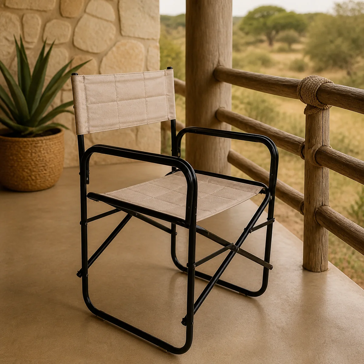 Kalahari Folding Safari Chair staged in a sheltered safari-lodge veranda.