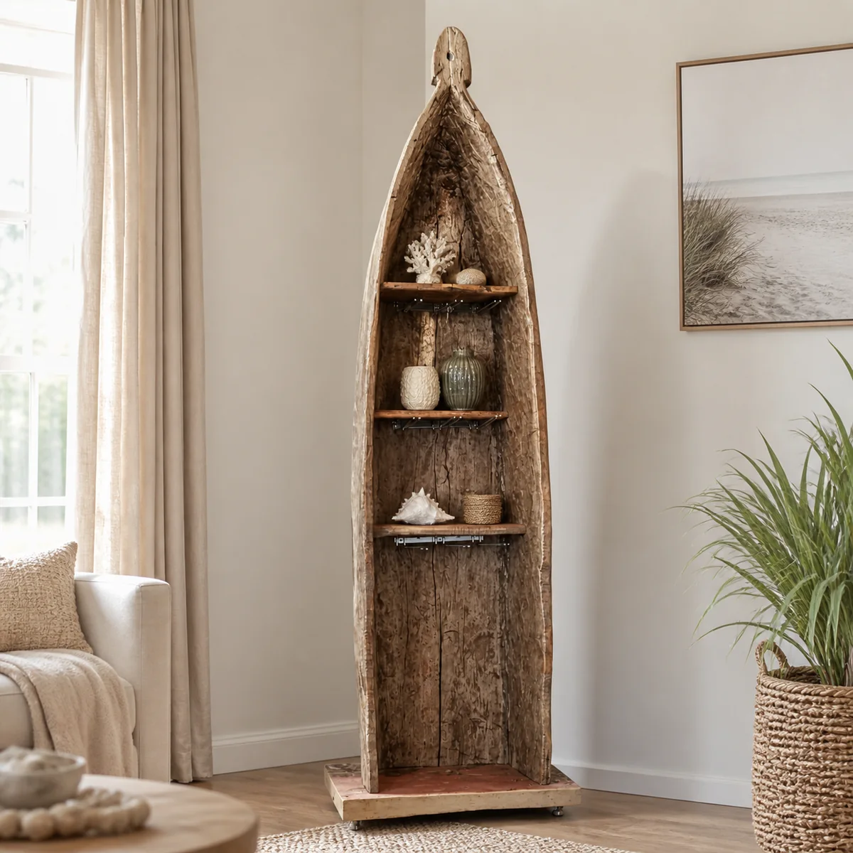 Walvis Bay Boat Shelf staged in a coastal-inspired living room.