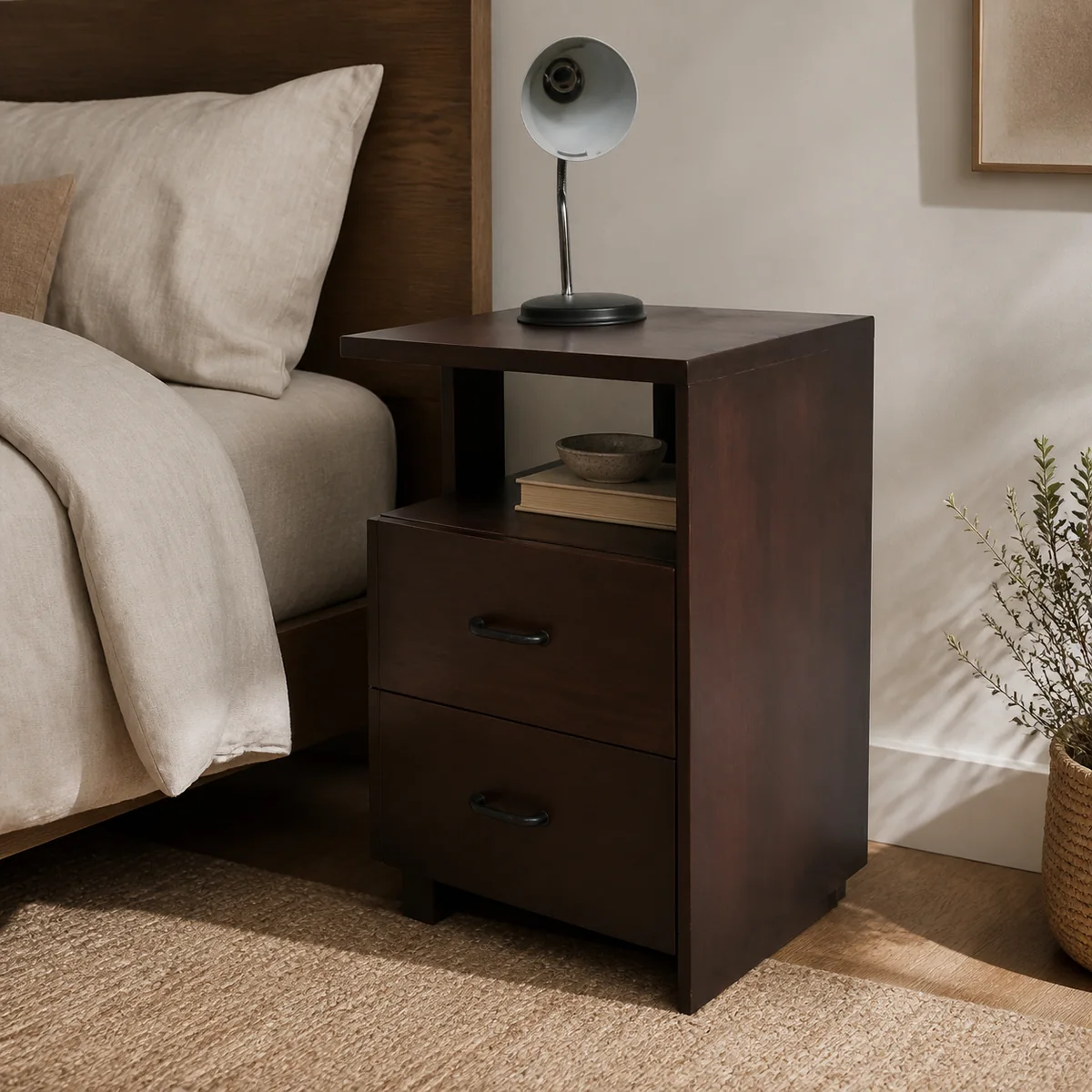 Sossus Darkwood Bedside staged in a calm linen bedroom.