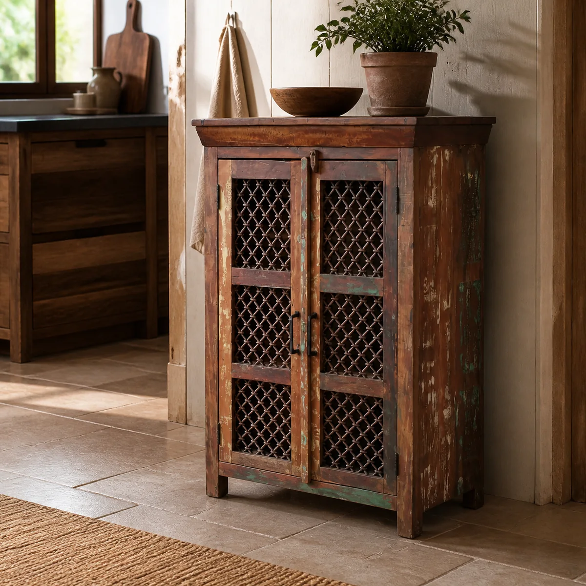 Foundry Mesh Cabinet staged in a warm kitchen.